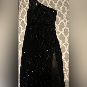 Size XL, one shoulder sleeve dress. Black with sequin. Size 12